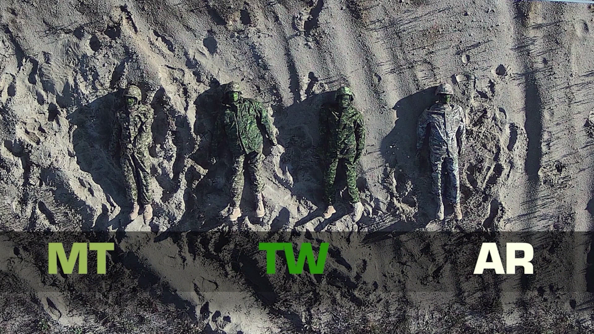 Field testing of Canadian military camouflage variants designed for different environments including CADPAT Multi-Terrain (MT), CADPAT Temperate Woodland (TW) and CADPAT Arid Regions (AR).