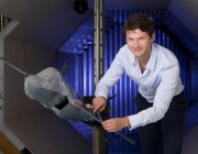 DSTG scientist in the Low Speed Wind Tunnel with a model plane.