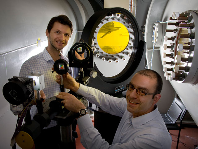Schlieren System Mirrors in the Transonic Wind Tunnel with DSTG scientists Matteo Giacobello and Peter Manovski. 